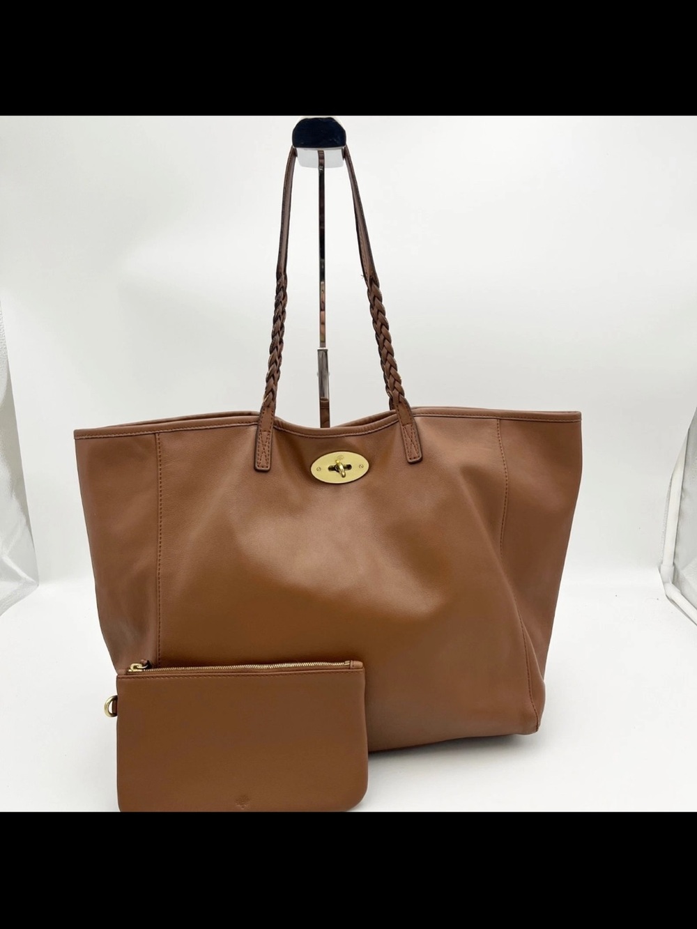 Mulberry Tan Brown Leather Tote with Braided Straps and Pouch